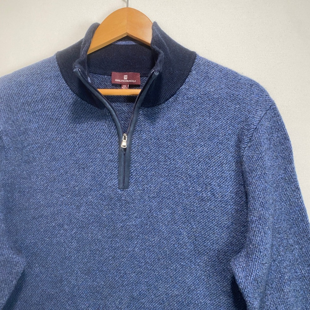 BrunoMagli  1/4 Zip‎ Wool Sweater Mens Sz XXL Blue Suede Trim